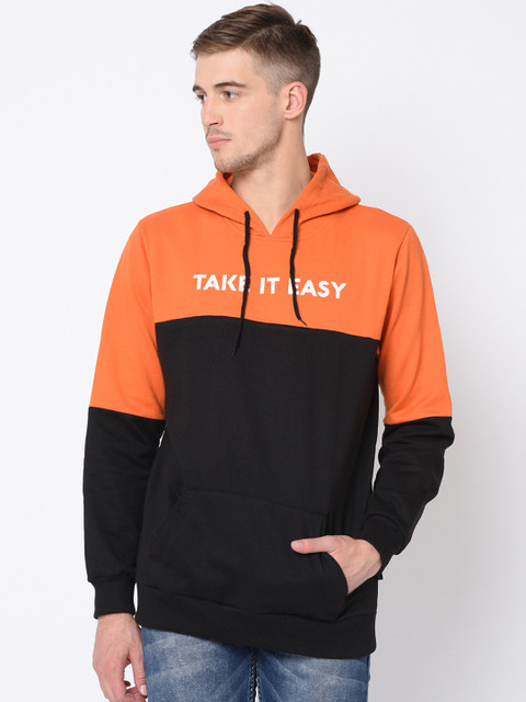 

Rigo Men Black & Orange Colourblocked Hooded Sweatshirt