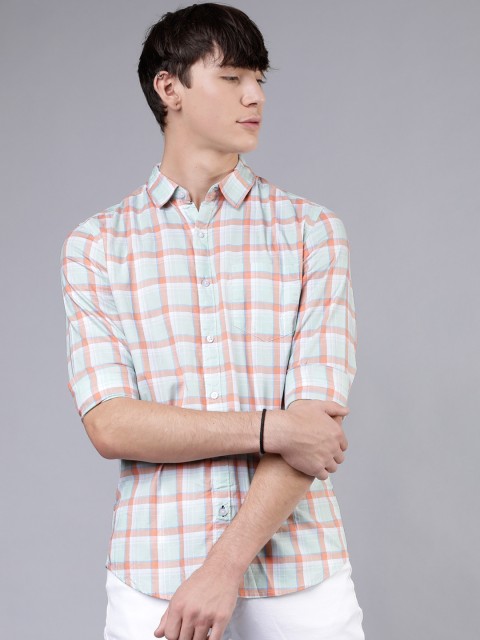 

HIGHLANDER Men Green & Orange Slim Fit Checked Casual Shirt