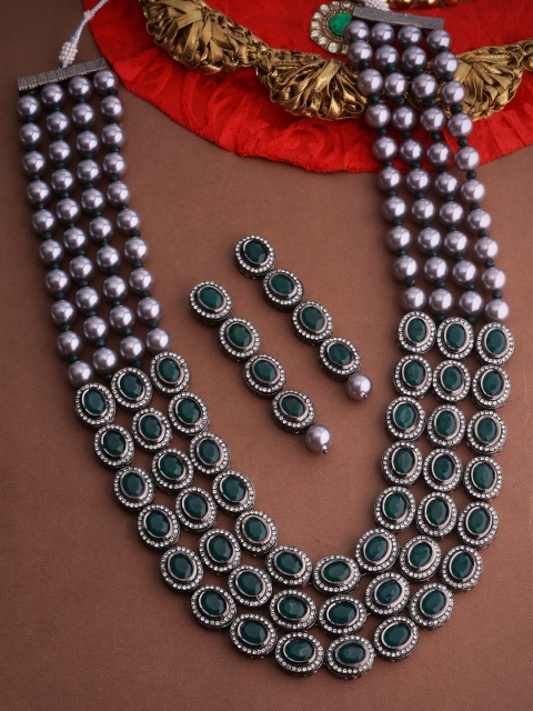 

Voylla Grey & Green Rhodium-Plated Multistranded Beaded Jewellery Set