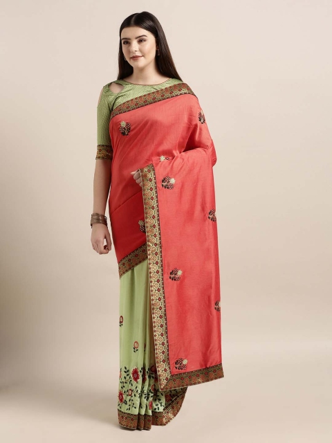 

Mitera Peach-Coloured & Green Poly Silk Embroidered Saree