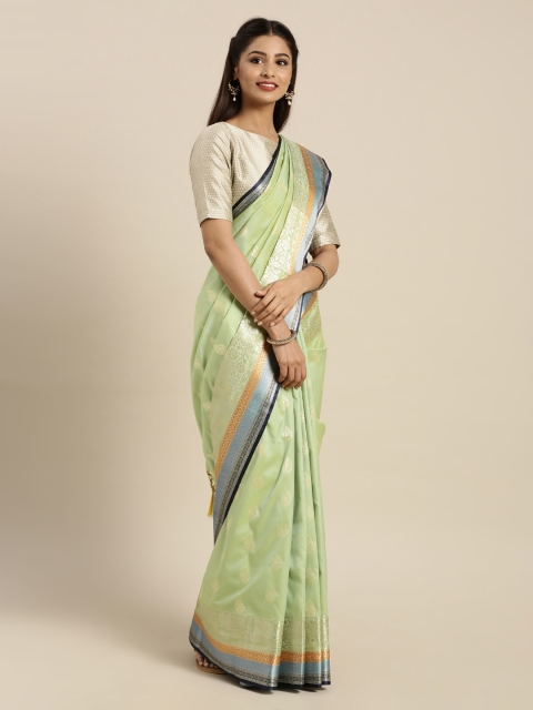 

Mitera Green & Blue Silk Blend Woven Design Kanjeevaram Saree