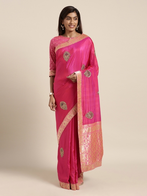 

Mitera Pink Embroidered Poly Silk Saree