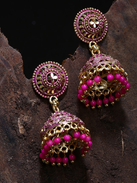 

ANIKAS CREATION Pink & Gold-Plated Enamelled Dome Shaped Jhumkas