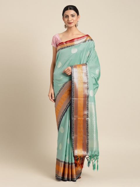 

Mitera Turquoise Blue Silk Blend Woven Design Kanjeevaram Saree