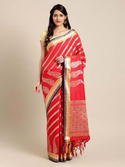 

Mitera Red & Gold-Coloured Silk Blend Striped Kanjeevaram Saree