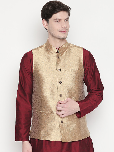 

Indus route by Pantaloons Men Gold Coloured Embellished Nehru Jacket