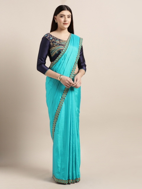 

Mitera Turquoise Blue Solid Poly Silk Saree