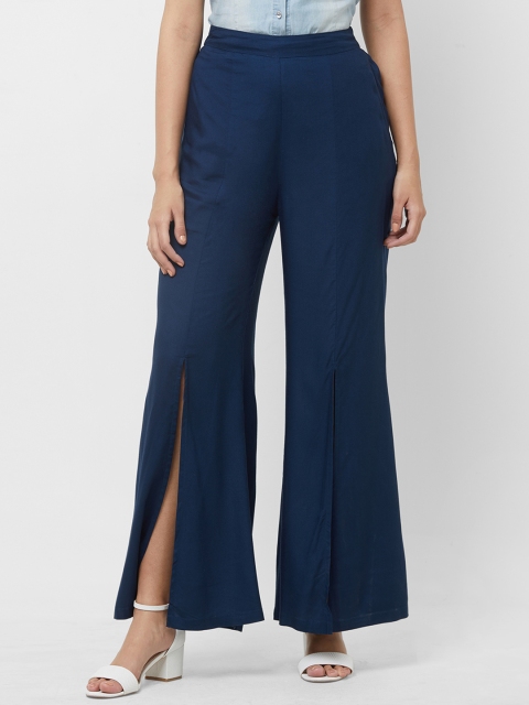 

109F Women Navy Blue Solid Wide Leg Palazzos
