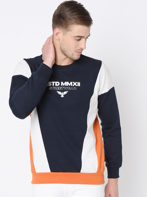 

Rigo Men Navy Blue & White Colourblocked Sweatshirt
