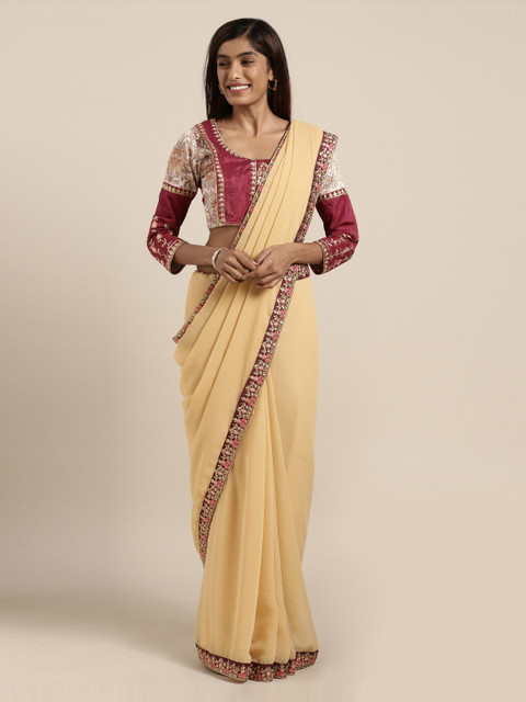 

Mitera Beige & Magenta Pure Chiffon Solid Saree