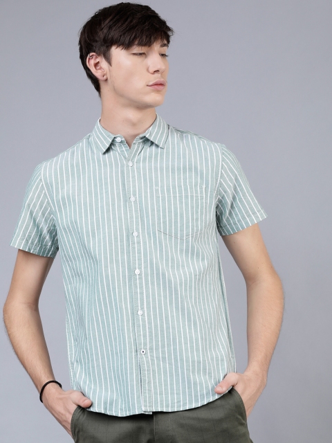 

HIGHLANDER Men Green & White Slim Fit Striped Casual Shirt