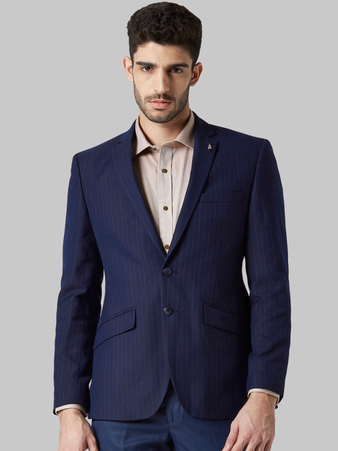 

Park Avenue Men Navy Blue Striped Single Breasted Super Slim-Fit Formal Blazer