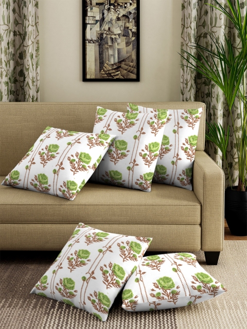 

NEUDIS White & Green Set of 5 Floral Square Cushion Covers