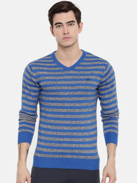 

Proline Men Blue & Grey Striped Pullover Sweater