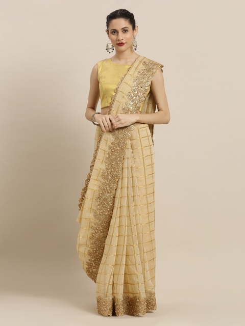 

Mitera Beige & Gold-Coloured Poly Silk Checked Embellished Saree