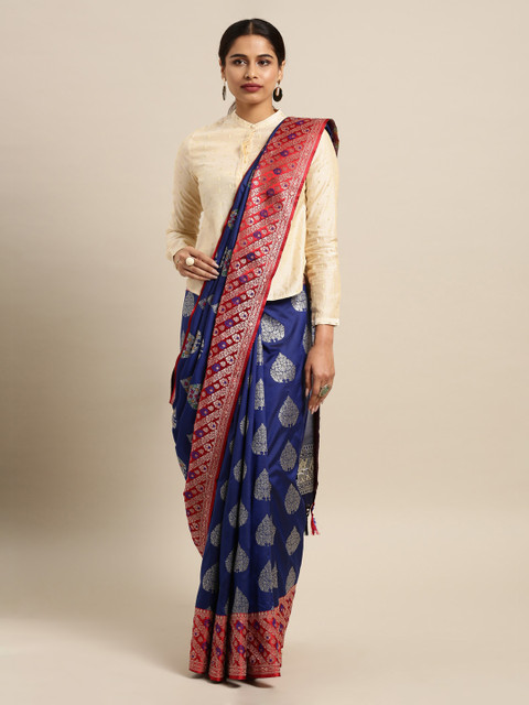 

Mitera Navy Blue Silk Blend Woven Design Kanjeevaram Saree