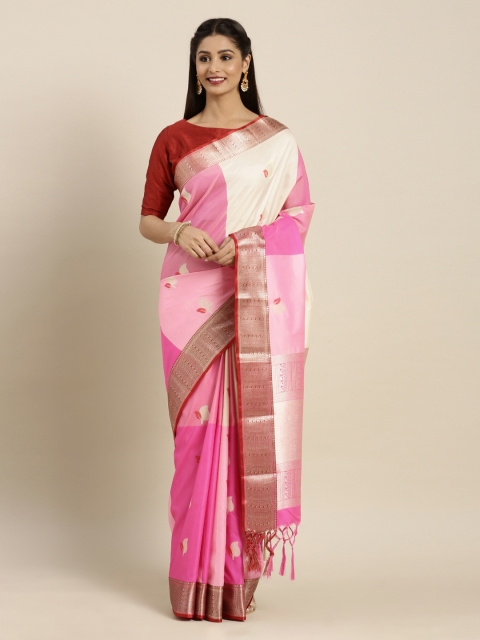 

Mitera Pink & Off-White Silk Blend Woven Design Kanjeevaram Saree