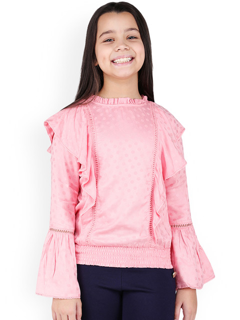 

One Friday Girls Pink Self Design Frilled Blouson Top