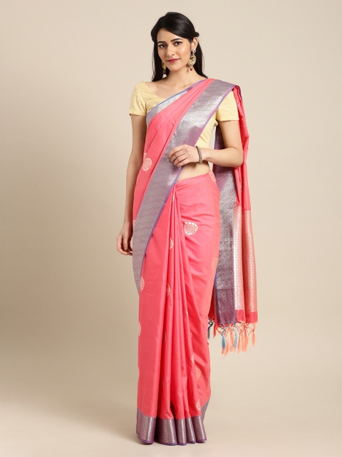 

Mitera Coral Pink Silk Blend Woven Design Kanjeevaram Saree