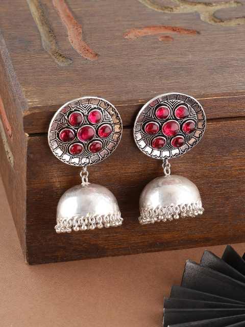 

Shoshaa Silver-Plated & Red Dome Shaped Jhumkas