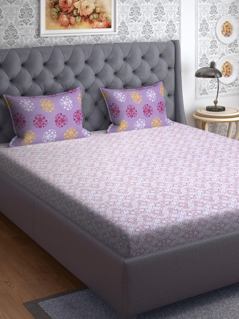 Welspun Pink & Yellow Abstract 144 TC Cotton 1 Queen Bedsheet With 2 Pillow Covers
