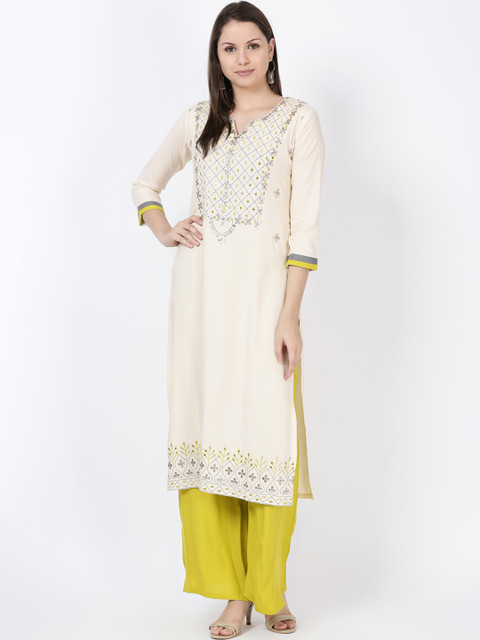 

Soch Women Cream-Coloured & Lime Green Solid Kurta with Palazzos