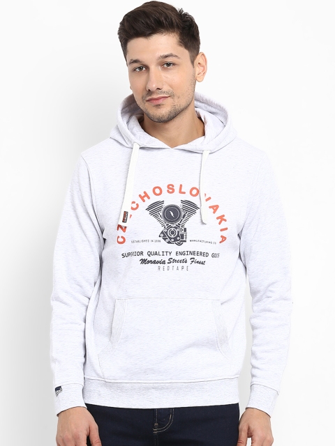 

Red Tape Men Grey Melange Printed Hooded Sweatshirt