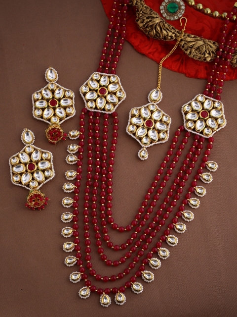 Voylla Maroon Gold-Plated Multistranted Kundan Jewellery Set