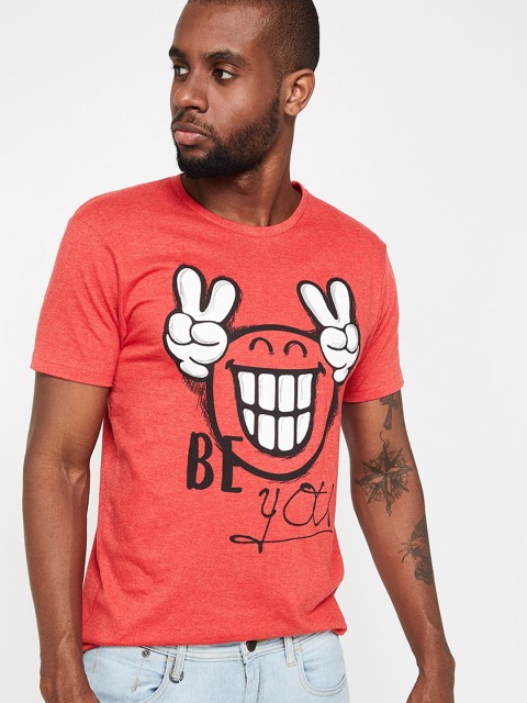 

Smiley World Men Red Printed Round Neck T-shirt