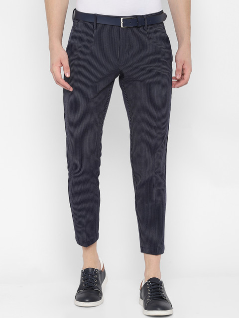 

Allen Solly Men Navy Blue & Grey Slim Fit Striped Regular Trousers