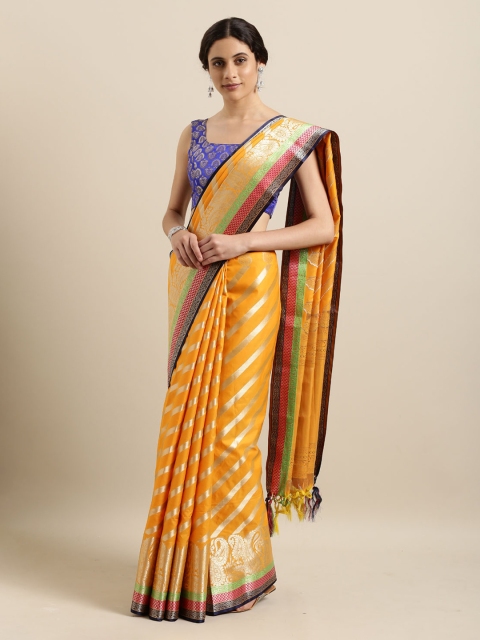 

Mitera Orange & Gold-Toned Silk Blend Striped Kanjeevaram Saree