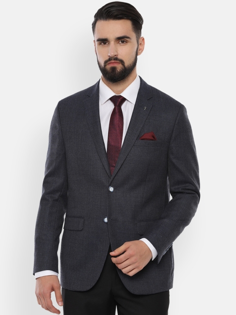 

Van Heusen Men Navy Blue Self-Design Slim-Fit Single-Breasted Blazer
