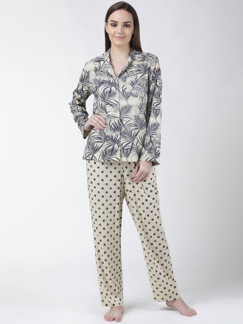 

ADORENITE Women Beige & Blue Tropical Printed Night Suit
