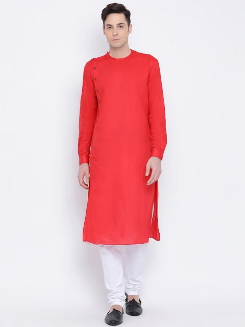 

NAMASKAR Men Red & White Solid Kurta with Churidar