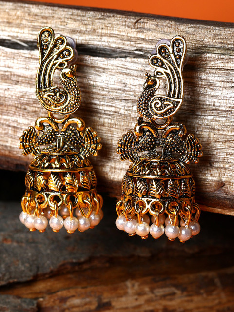 

ANIKAS CREATIOn Gold Plated & Gunmetal-Toned Enamelled Peacock Shaped Jhumkas, Metallic