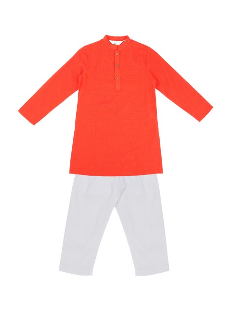 

Pantaloons Junior Boys Orange & White Self Design Kurta with Pyjamas