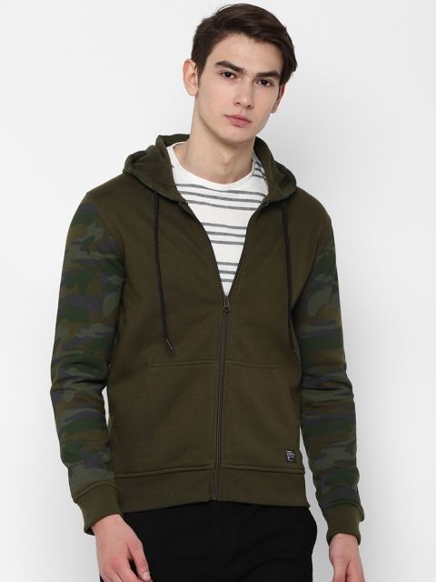 

People Men Olive Green Printed Hooded Sweatshirt