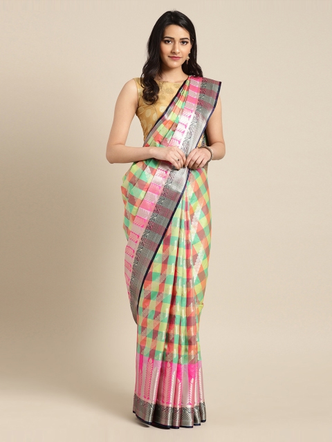 

Mitera Green & Orange Silk Blend Woven Design Kanjeevaram Saree