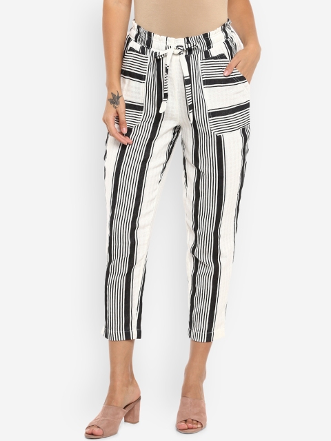 

Ayaany Women White & Black Regular Fit Striped Regular Trousers
