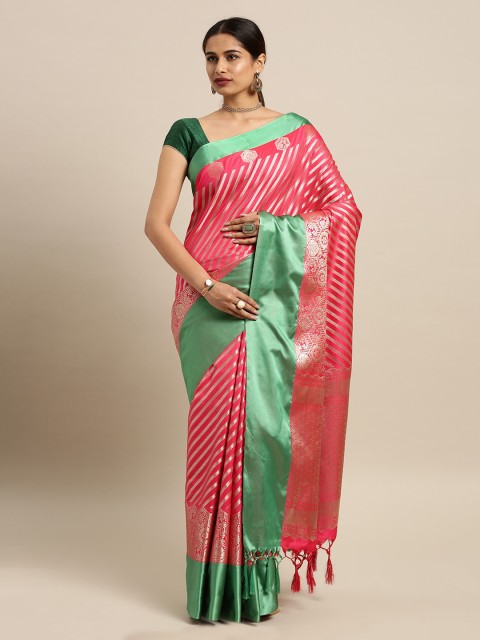 

Mitera Pink & Green Silk Blend Woven Design Kanjeevaram Saree