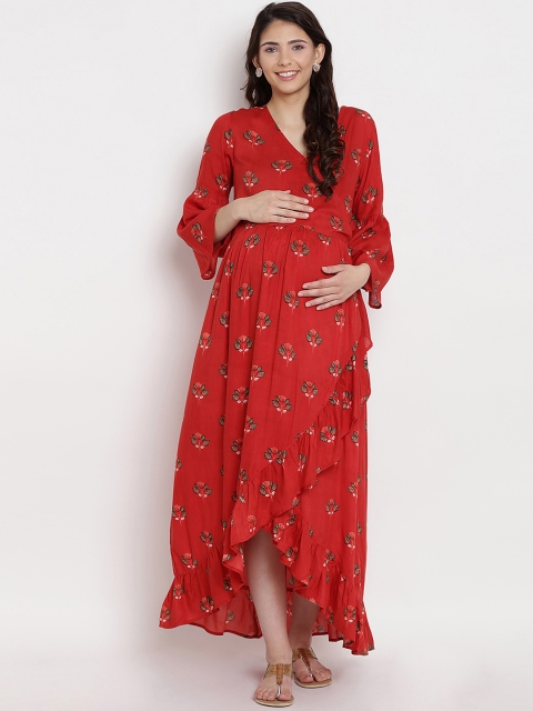 

Mine4Nine Women Rust Red Floral Printed Wrap Maxi Dress