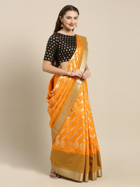 

Mitera Orange & Gold-Coloured Silk Blend Woven Design Kanjeevaram Saree