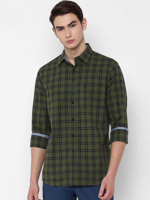 

Allen Solly Men Olive Green & Navy Blue Slim Fit Checked Casual Shirt