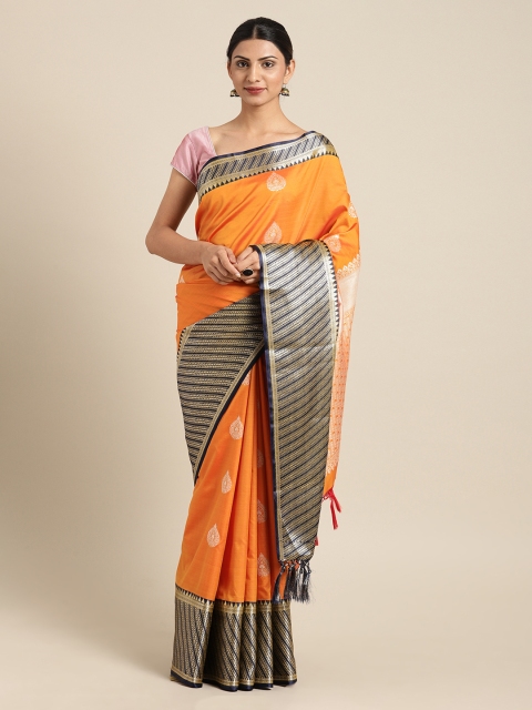 Mitera Orange & Black Silk Blend Woven Design Kanjeevaram Saree