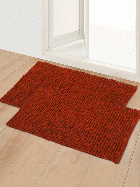 

Story@home Set of 2 Orange Solid No-Shredding Doormats, Red
