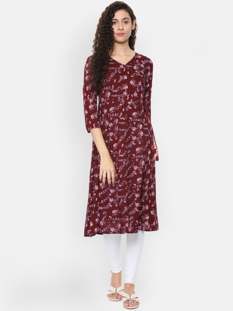 

People Women Maroon Printed Straight Kurta