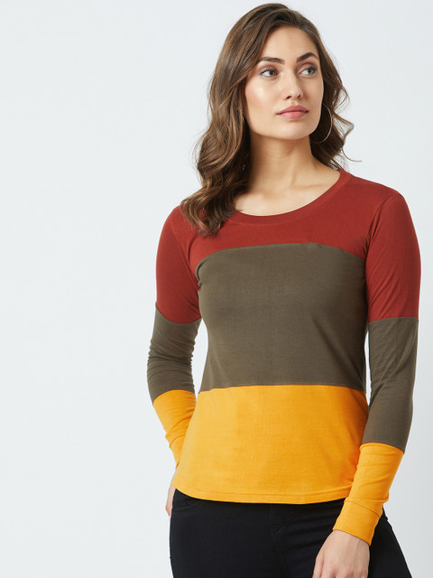 

The Dry State Women Maroon Colourblocked Round Neck T-shirt