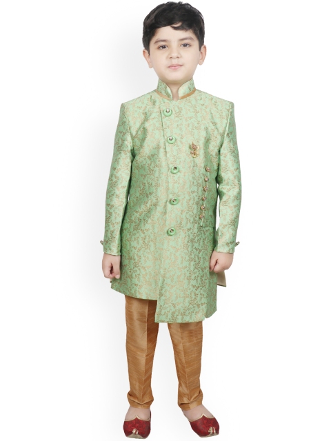 

SG YUVRAJ Boys Green & Gold-Coloured Self Design Silk Asymmetric Sherwani Set