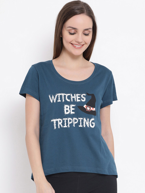 

Clovia Women Blue Printed Scoop Neck T-shirt