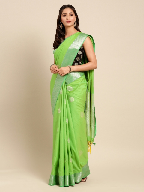

Mitera Green Silk Blend Woven Design Kanjeevaram Saree